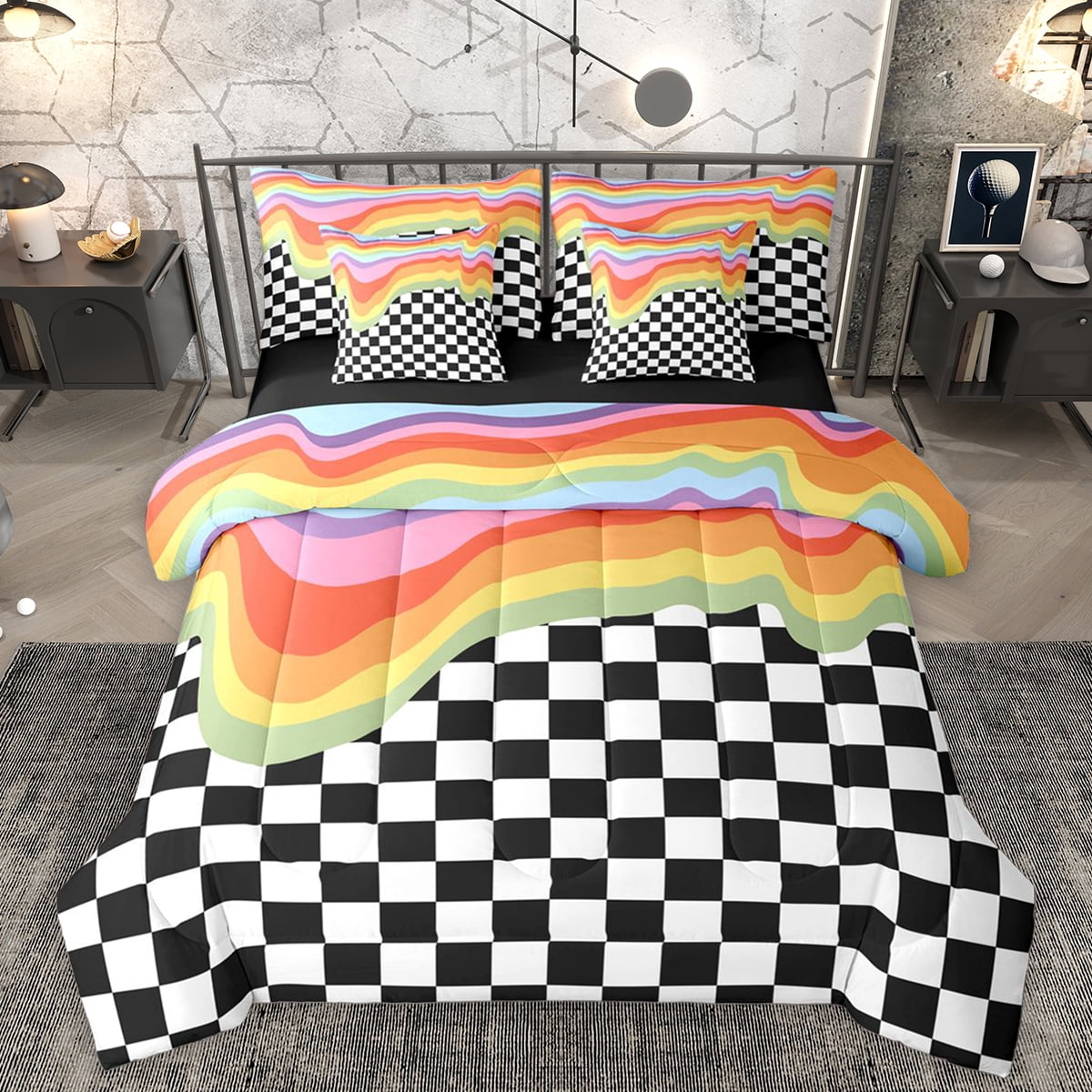 Reversible Sheets Homewish Black White Square Buffalo Twin Bedding Sets 7-Piece for Kids ...