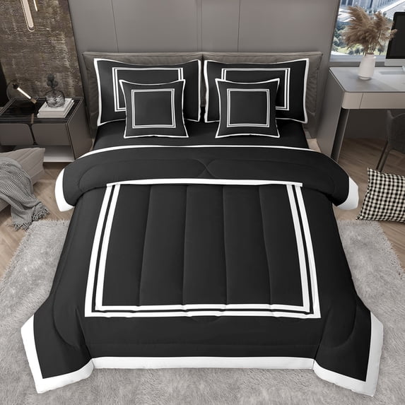 Homewish Black White Stripes Bedding Comforter Set 7pcs for Men, Abstract Ombre Line Queen Bedding Sets, Simple Fashion Style Reversible Queen Sheet Sets, Super Cozy Room Decor