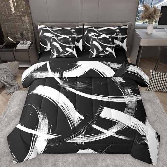Homewish Black White Stripes Lines Twin Bedding Sets 7-Piece for Female Men Adults,Vintage Aesthetic Bedding Comforter Set Microfiber,Geometric Theme Breathable Sheet Sets,Luxury Bedroom Decor