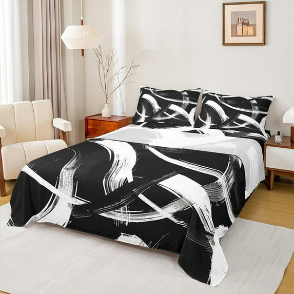 Homewish Black White Stripes Lines Twin Sheet Sets 3pcs for Female Men Adults,Vintage Aesthetic Twin Fitted Sheet Microfiber,Geometric Theme Breathable Flat Sheet,Luxury Bedroom Decor