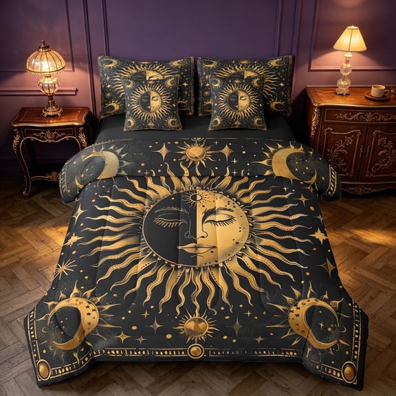 Homewish Black and Gold Full Size Bedding Sets, Hippie Sun and Moon Full Size Bed in a Bag, Stars Decor, Black Reversible 7 Pieces