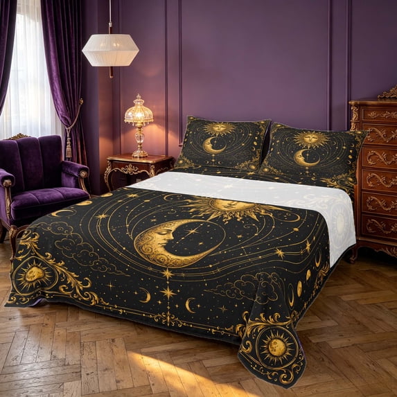 Homewish Black and Gold Queen Sheets, Sun Moon Stars Queen Sheet Sets, 4pcs, 1 Flat Sheet, 1 Fitted Sheet and 2 Pillowcases