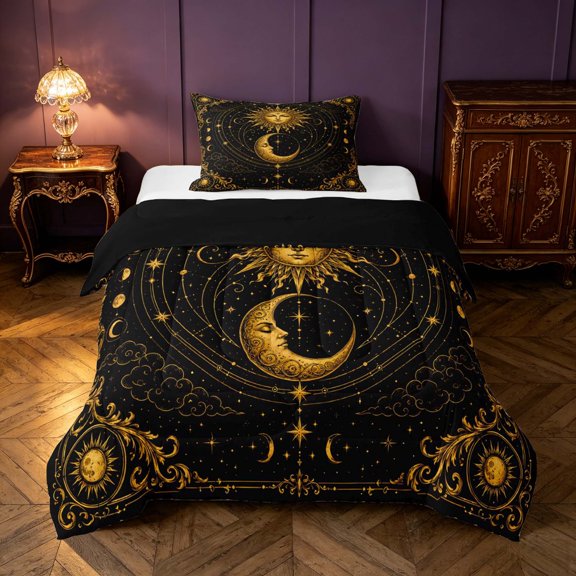 Homewish Black and Gold Twin Comforter Sets, Sun Moon Stars Bedding Set, Black Reversible 2 Piece, 1 Comforter and 1 Pillowcase