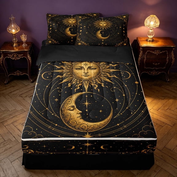Homewish Black and Gold Zipper Twin Comforter Sets with Fitted Sheet and 2 Pillowcases, Sun Moon Stars Zipper Bedding Set, Black Reversible