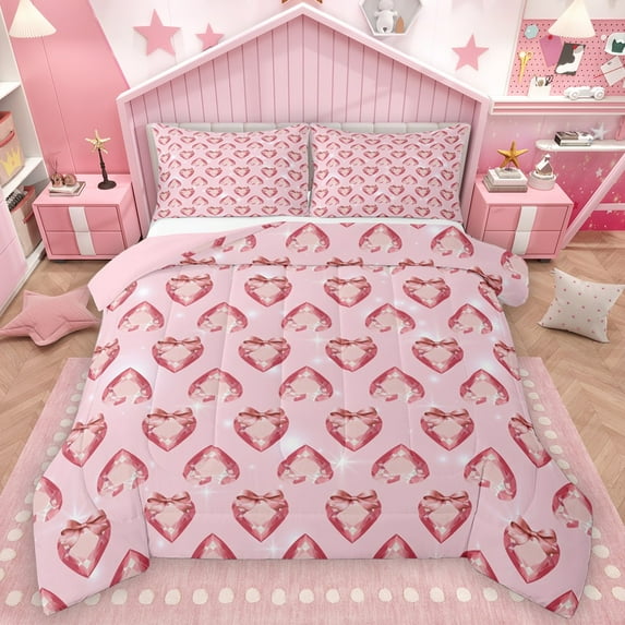 Homewish Bling Bowknot Crystal 3 Pieces Queen Comforter Set For Female Teens Adults,Dreamy Princess Ultra Soft Bedding Sets,Love Heart Print Bedding Comforter Set,Ultra Soft Home Decor,Reversible
