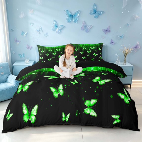 Homewish Bling Butterfly Bedding for Girls, Black Green Duvet Cover Full, Black Reversible, 3pcs 1 Duvet Cover and 2 Pillowcases