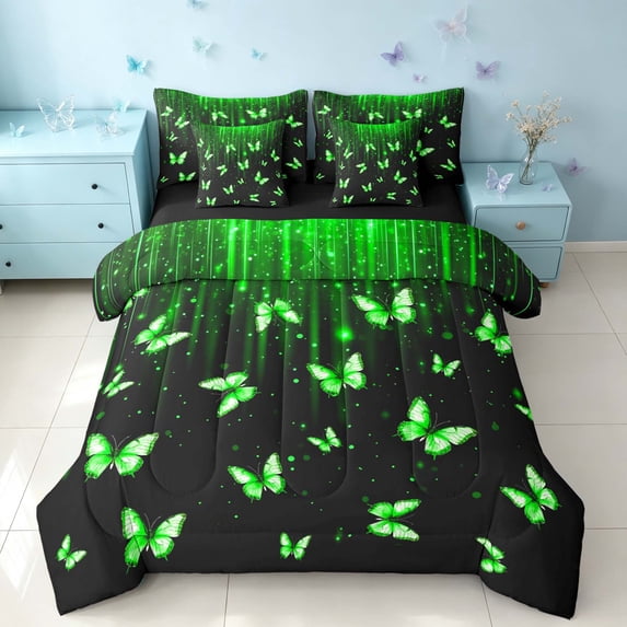 Homewish Bling Butterfly King Bedding for Girls, Black Green King Bed in a Bag, Black Reversible, 7-Piece