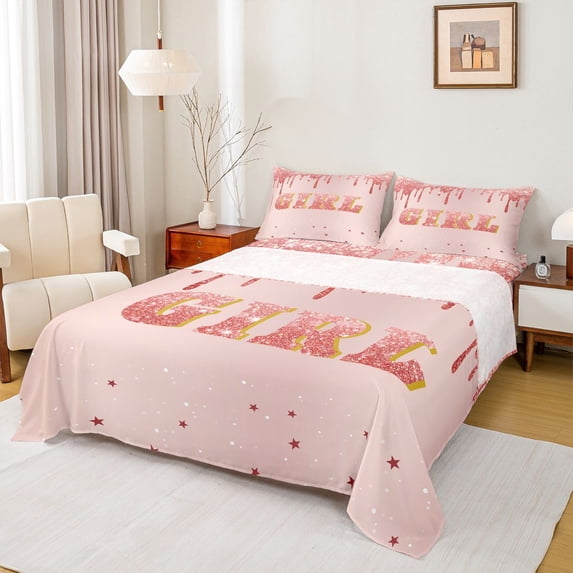 Homewish Bling Glitter Splash 4 Pieces Queen Sheet Sets For Female Teens Adults,Dreamy Princess Ultra Soft Flat Sheet,Stars Print Queen Fitted Sheet,Super Cozy Room Decor