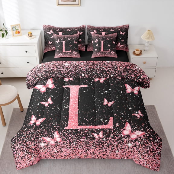 Homewish Bling Letter L Bedding Comforter Set 7-Piece, Black Pink Romantic Butterfly King Bedding Sets, Teen Kid Girl Female Reversible Bed Sheets, Lightweight Room Decor