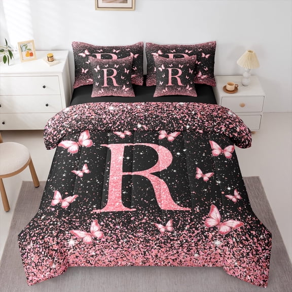 Homewish Bling Letter R Twin Bedding Sets 7-Piece, Black Pink Romantic Butterfly Bedding Comforter Set, Teen Kid Girl Female Reversible Sheet Sets, Lightweight Room Decor