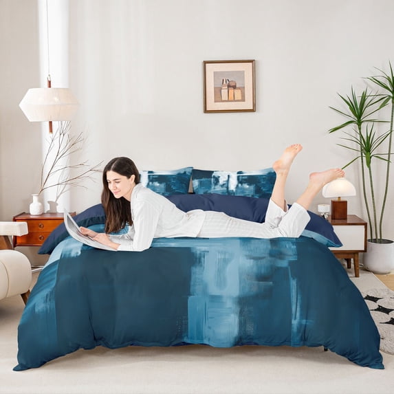 Homewish Blue Abstract Block Duvet Cover Queen,Geometric Artwork Queen Bedding,Navy Blue Reversible,3 Pieces,1 Duvet Cover and 2 Pillowcases