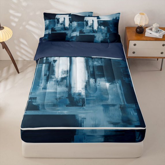 Homewish Blue Abstract Block Zipper Queen Comforter Set with Fitted Sheet and 2 Pillowcases,Geometric Artwork Zipper Bedding Set,Navy Blue Reversible,4pcs