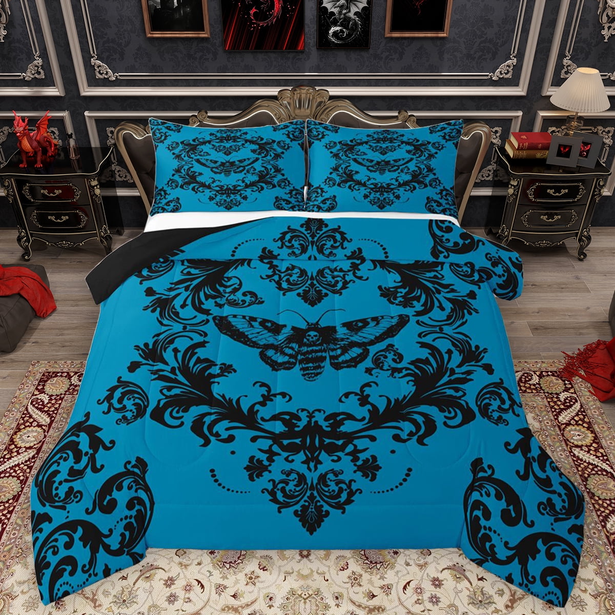 Homewish Blue Black Damask Full Size Comforter Sets,Gothic Skull Moth ...