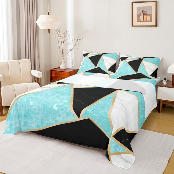 Homewish Blue Black Geometric Bed Sheets,Triangle Plaid Pattern King Sheets,Modern Abstract Grid Sheet Set For Boys Girls,Microfiber Bedroom Decor,4pcs