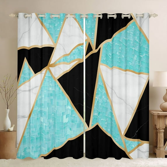 Homewish Blue Black Geometric Black Out Curtains,Triangle Plaid Pattern Curtains Pack of 2 (42x63 Each),Modern Abstract Grid Bedroom Curtains For Boys Girls,Microfiber Bedroom Decor