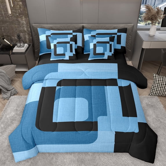 Homewish Blue Black Square 7pcs Bedding Comforter Set,Geometric Desgin Queen Bedding Sets,Modern Art Queen Sheet Sets For Adults,Luxury Bedroom Decor Reversible