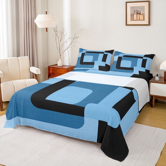 Homewish Blue Black Square Queen Sheet Sets,Geometric Desgin Flat Sheet,Modern Art Queen Fitted Sheet For Adults,Luxury Bedroom Decor,4-Piece