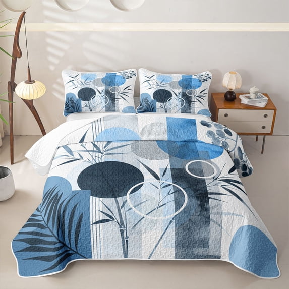 Homewish Blue Bohemian Plants Quilt King,Aesthetic Abstract Art King Coverlet Set,3-Piece