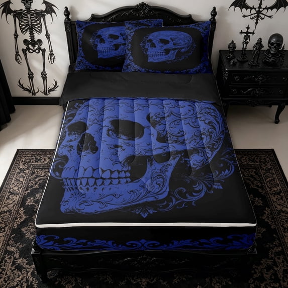 Homewish Blue Boho Skull Zipper Twin Comforter Sets with Fitted Sheet and 2 Pillowcases for Women Men, Vintage Paisley Style Zipper Bedding Set, Black Reversible, 4 Pieces