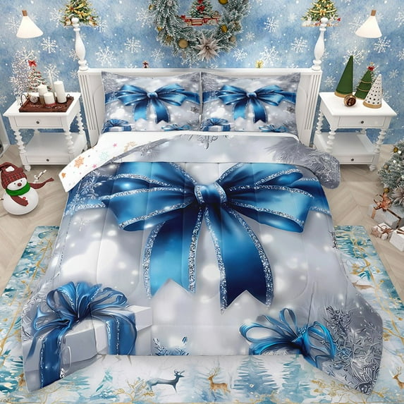 Homewish Blue Bow 2pcs Bedding Comforter Set for Teens Boys Girls,Merry Christmas Twin Comforter Sets,Bling Glitter Breathable Bedding Set,Microfiber Bedroom Decor,Reversible