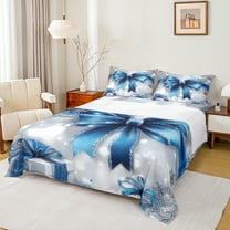 Homewish Blue Bow 3pcs Twin Sheet Sets for Teens Boys Girls,Merry Christmas Twin Fitted Sheet,Bling Glitter Breathable Flat Sheet,Microfiber Bedroom Decor