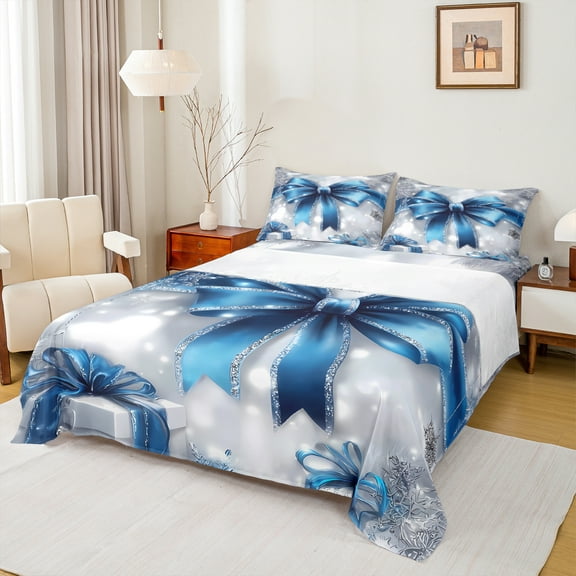 Homewish Blue Bow 3pcs Twin Sheet Sets for Teens Boys Girls,Merry Christmas Twin Fitted Sheet,Bling Glitter Breathable Flat Sheet,Microfiber Bedroom Decor