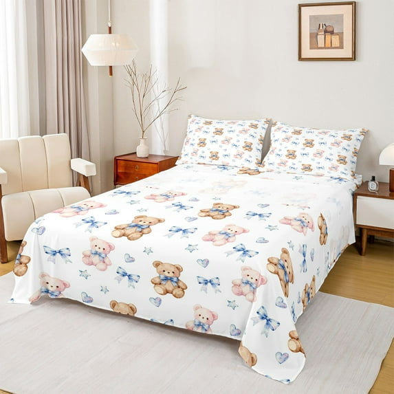 Homewish Blue Bow Bear Twin Sheet Sets for Teen, Watercolor Stars Print Twin Fitted Sheet, Kawaii Cartoon Theme Flat Sheet, Breathable Home Decor, 3-Piece