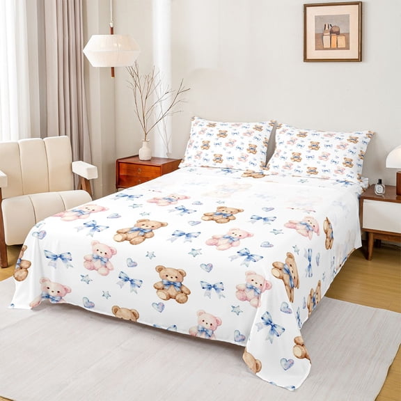Homewish Blue Bow Bear Twin Sheet Sets for Teen, Watercolor Stars Print Twin Fitted Sheet, Kawaii Cartoon Theme Flat Sheet, Breathable Home Decor, 3-Piece