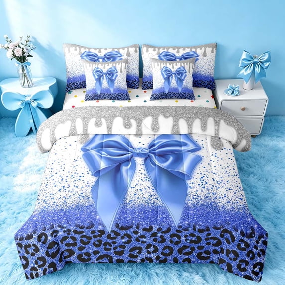 Homewish Blue Bow King Bedding for Girls, Glitter Ice Cream Drip King Bed in a Bag, Polka Dots Reversible, 7-Piece