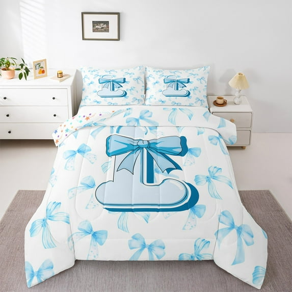 Homewish Blue Bow Knot Initial Alphabet L 3-Piece Full Size Comforter Sets For Kids Teens Adults,Letter Monogrammed Bedding Comforter Set,Cartoon Bow-Tie Lightweight Bedding Sets