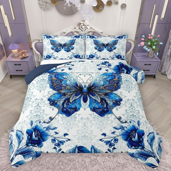 Homewish Blue Butterfly 3 Pieces Queen Comforter Set For Girls Teens Adults,Exotic Style Ultra Soft Bedding Sets,Chic Floral Flowers Bedding Comforter Set,Super Cozy Room Decor,Reversible