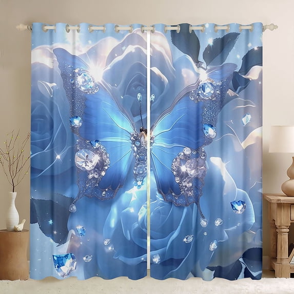Homewish Blue Butterfly Kitchen Curtains, Animal Black Out Curtains Pack of 2 (42x63 Each) for Girls