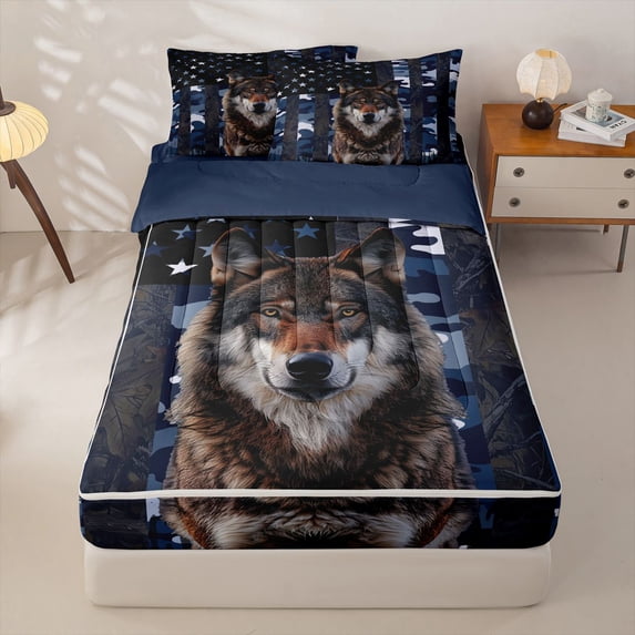 Homewish Blue Camo Us Flag Wolf Print Zipper Full Size Comforter Sets with Fitted Sheet and 2 Pillowcases,Patriotic Wildlife Zipper Bedding Set For Men And Women,Reversible,4-Piece