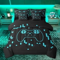 Homewish Blue Cartoon Gamepad Twin Bedding Sets 7-Piece for Kids, Neon Square Rectangle Bedding Comforter Set, Game Console Theme Reversible Sheet Sets, Ultra Soft Bedroom Decor