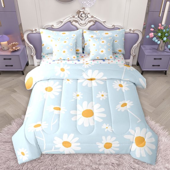 Homewish Blue Cartoon Groovy Bedding Comforter Set 7pcs for Kid, Kawaii Daisy Flower King Bedding Sets, Rustic Floral Reversible Bed Sheets, Luxury Bedroom Decor