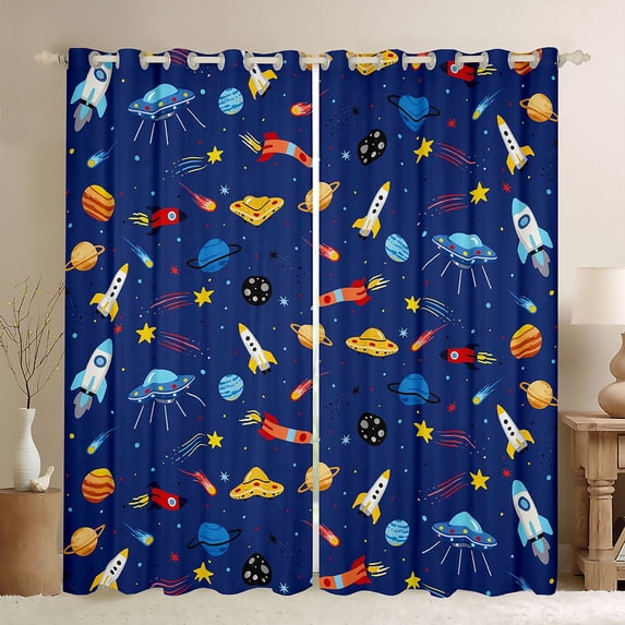 Homewish Blue Cartoon Spaceship Curtains Pack of 2 (42x84 Each) for Boy, Mystic Rocket Planet Curtains Blackout, Outer Space Theme Bedroom Curtains, Black Out Curtains Decor