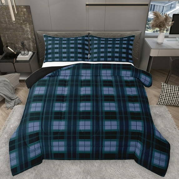 Homewish Blue Checkered Queen Comforter Set,Minimalist Plaid Bedding Sets,Geometric Grid Print Bedding Comforter Set For Girls Teens,Breathable Home Decor Reversible,3 Pieces