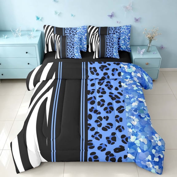 Homewish Blue Cheetah Print King Bedding for Girls, Animal Print Stripe King Bed in a Bag, Black Reversible, 7 Pieces