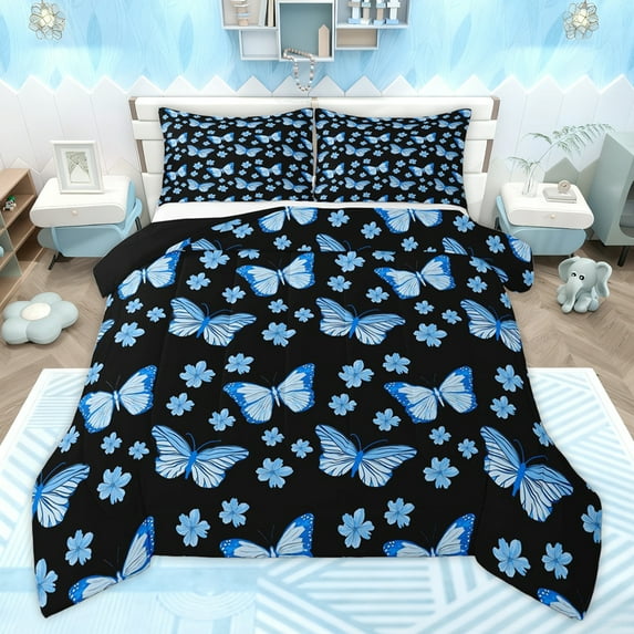 Homewish Blue Cherry Blossoms Queen Comforter Set, Butterfly Teens Kids Bedding Sets, 3pcs