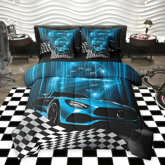 Homewish Blue Chic Automobile Bedding Comforter Set 7pcs, Modern Checkered Flag King Bedding Sets, Extreme Sports Lover Reversible Bed Sheets, Lightweight Room Decor