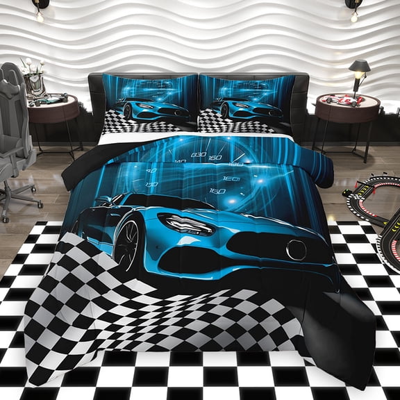 Homewish Blue Chic Automobile Bedding Comforter Set, Modern Checkered Flag Twin Comforter Sets, Extreme Sports Lover Reversible Bedding Set, Lightweight Room Decor, 2pcs