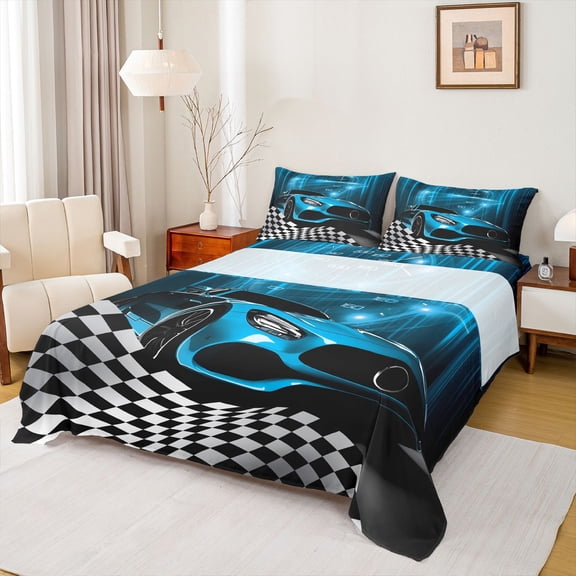 Homewish Blue Chic Automobile Twin Sheet Sets, Modern Checkered Flag Twin Fitted Sheet, Extreme Sports Lover Flat Sheet, Lightweight Room Decor, 3pcs