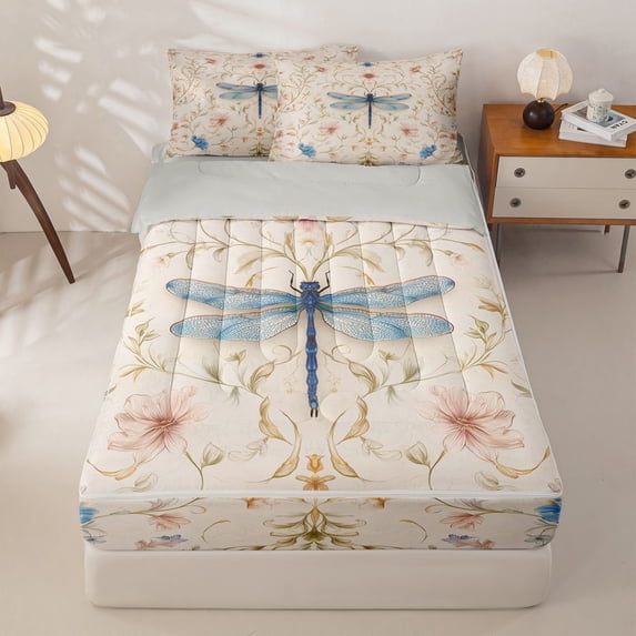 Homewish Blue Dragonfly Zipper Full Size Comforter Sets with Fitted Sheet and 2 Pillowcases,Vintage Floral Zipper Bedding Set For Girls Women,Reversible,4-Piece