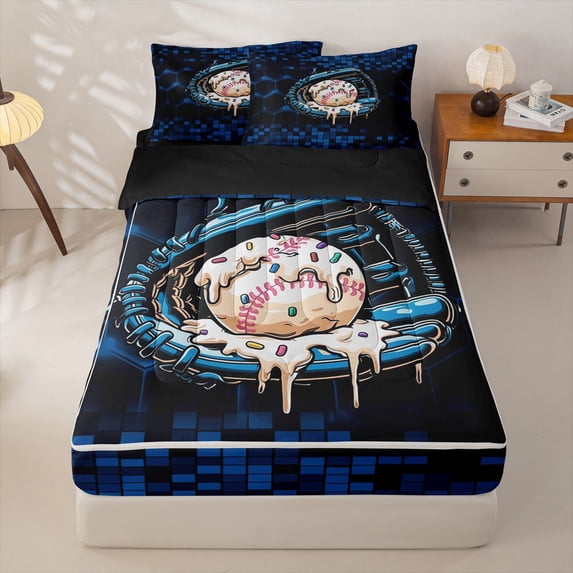 Homewish Blue Drip Sprinkle Baseball Zipper Twin Comforter Sets with Fitted Sheet and 2 Pillowcases, Sport Zipper Bedding Set for Boys and Girls, Black Reversible, 4-Piece
