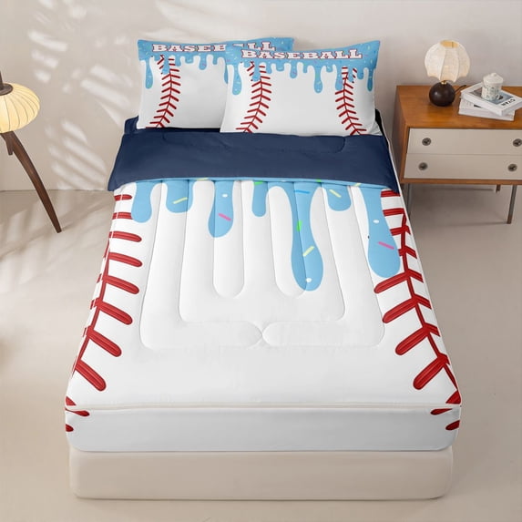 Homewish Blue Drippy Baseball Stitch Print Zipper Twin Comforter Sets with Fitted Sheet and 2 Pillowcases,Sports Monogram Zipper Bedding Set For Kids Boys And Girls,Reversible,4-Piece