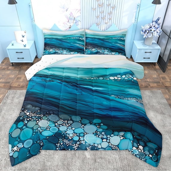 Homewish Blue Fashion Marbling Full Size Comforter Sets for Women, Modern Abstract Ombre Bedding Comforter Set, Marble Artwork Reversible Bedding Sets, Breathable Home Decor, 3 Pieces