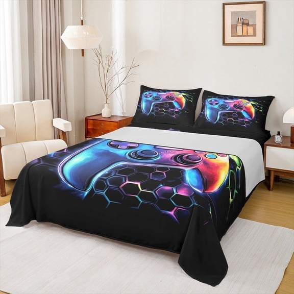 Homewish Blue Fuchsia Gamepad Queen Sheet Sets for Kids, Gamer Gaming Lover Flat Sheet, Artwork Honeycomb Queen Fitted Sheet, Super Cozy Room Decor, 4-Piece