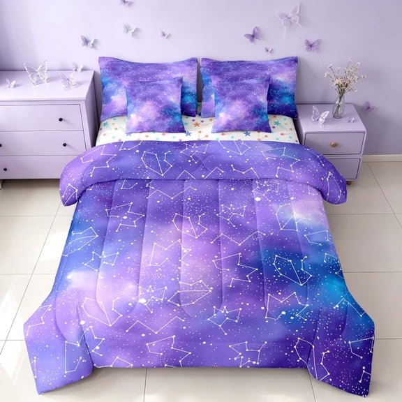 Homewish Blue Galaxy Full Size Bedding Sets, Constellations Horoscopes Full Size Bed in a Bag, Colorful Stars Reversible, 7pcs