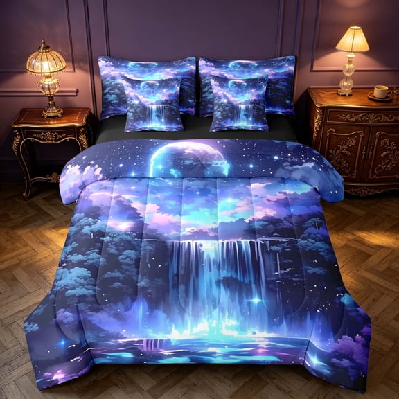 Homewish Blue Galaxy Queen Bedding for Kids Girls, Stars Moon Waterfall Bedding Comforter Set Queen, Black Reversible 7pcs