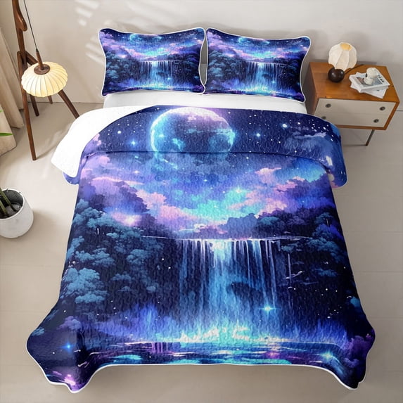 Homewish Blue Galaxy Twin Quilt Set for Kids Girls, Stars Moon Waterfall Twin Coverlet Set, 2-Piece 1 Bedspread and 1 Pillowcase